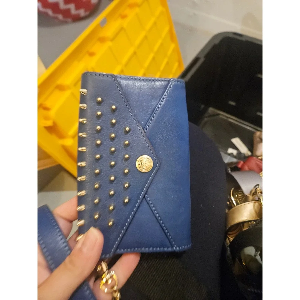 Rebecca Minkoff Blue Leather Studded Envelope Wristlet Wallet Gold Hardware